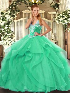 Custom Design Turquoise Lace Up Straps Beading and Ruffles Ball Gown Prom Dress Tulle Sleeveless