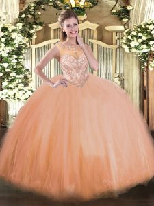 Free and Easy Sleeveless Floor Length Beading Lace Up Quince Ball Gowns with Peach
