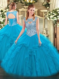 Excellent Blue Tulle Lace Up Scoop Sleeveless Floor Length Ball Gown Prom Dress Beading and Ruffles