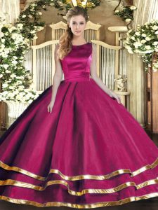 Edgy Fuchsia Tulle Lace Up Scoop Sleeveless Floor Length Sweet 16 Dress Ruffled Layers