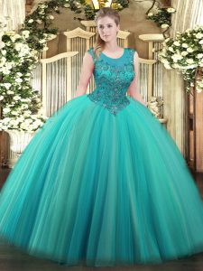 Smart Floor Length Zipper Sweet 16 Quinceanera Dress Turquoise for Military Ball and Sweet 16 and Quinceanera with Beading