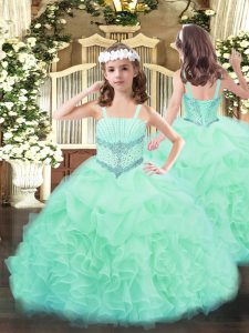 Sleeveless Floor Length Beading and Ruffles and Pick Ups Lace Up Little Girls Pageant Dress with Apple Green