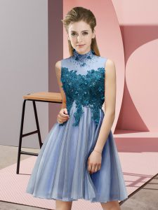 High-neck Sleeveless Damas Dress Knee Length Appliques Blue Tulle