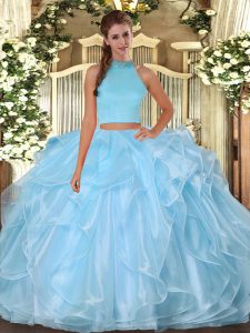 Super Light Blue Two Pieces Halter Top Sleeveless Organza Floor Length Backless Beading and Ruffles Quinceanera Dress