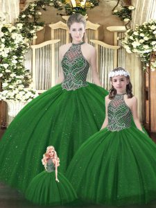 Sophisticated Floor Length Dark Green Sweet 16 Dresses Halter Top Sleeveless Lace Up