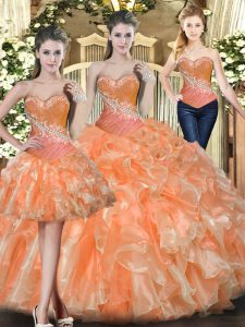 Orange Red Tulle Lace Up Sweetheart Sleeveless Floor Length Quince Ball Gowns Beading and Ruffles