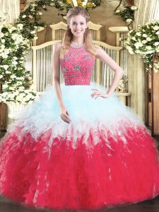 Tulle Halter Top Sleeveless Zipper Beading and Ruffles 15th Birthday Dress in Multi-color