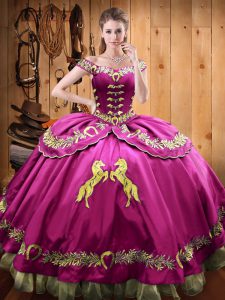 Fuchsia Lace Up Quince Ball Gowns Beading and Embroidery Sleeveless Floor Length