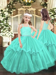 Lovely Turquoise Zipper Little Girls Pageant Dress Wholesale Beading and Lace Sleeveless Floor Length