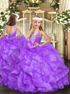Best Sleeveless Organza Floor Length Lace Up Pageant Gowns in Lavender with Beading and Ruffles