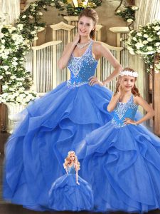 Dynamic Tulle Straps Sleeveless Lace Up Beading and Ruffles Quince Ball Gowns in Blue