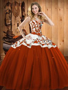 Fitting Floor Length Rust Red Quince Ball Gowns Satin and Tulle Sleeveless Embroidery