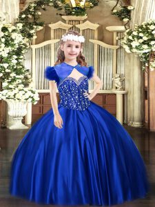Best Royal Blue Lace Up Straps Beading Kids Pageant Dress Satin Sleeveless