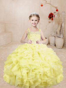 Sweet Light Yellow Straps Lace Up Beading and Ruffles Pageant Dress Sleeveless