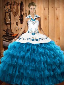 Low Price Teal Ball Gowns Embroidery and Ruffled Layers Sweet 16 Quinceanera Dress Lace Up Organza Sleeveless Floor Length