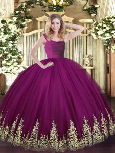 Affordable Floor Length Fuchsia Quinceanera Gown Straps Sleeveless Zipper
