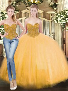Spectacular Gold Ball Gowns Sweetheart Sleeveless Tulle Floor Length Lace Up Beading 15 Quinceanera Dress