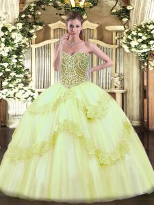 Yellow Green Ball Gowns Sweetheart Sleeveless Tulle Floor Length Lace Up Beading and Appliques Sweet 16 Dress