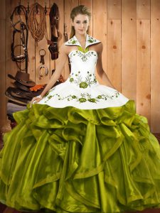 Olive Green Ball Gowns Satin and Organza Halter Top Sleeveless Embroidery and Ruffles Floor Length Lace Up Quinceanera Dress