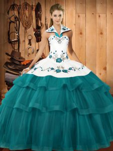 Amazing Sleeveless Embroidery and Ruffled Layers Lace Up Sweet 16 Quinceanera Dress with Teal Sweep Train