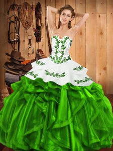 Free and Easy Strapless Sleeveless Satin and Organza Quinceanera Gown Embroidery and Ruffles Lace Up