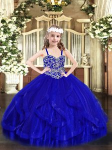 Gorgeous Royal Blue Ball Gowns Straps Sleeveless Tulle Floor Length Lace Up Beading and Ruffles Little Girl Pageant Dress