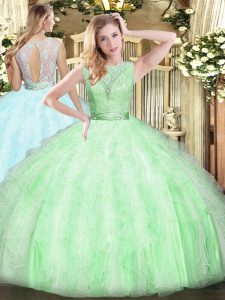 Sophisticated Floor Length Apple Green Quinceanera Dress Organza Sleeveless Lace and Ruffles