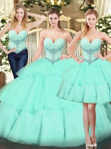 Three Pieces Quinceanera Dress Apple Green Sweetheart Organza Sleeveless Floor Length Lace Up