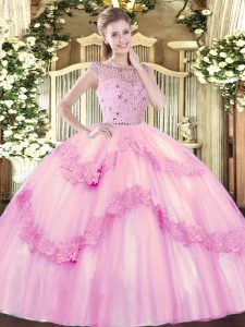 Inexpensive Rose Pink Sleeveless Floor Length Beading and Appliques Zipper Quinceanera Dress