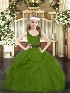 Floor Length Zipper Child Pageant Dress Olive Green for Party and Quinceanera with Beading and Ruffles
