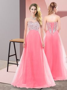 Exceptional Watermelon Red Lace Up Quinceanera Dama Dress Beading Sleeveless Floor Length