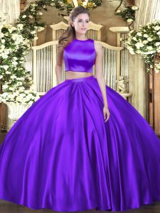 Sleeveless Tulle Floor Length Criss Cross 15 Quinceanera Dress in Eggplant Purple with Ruching