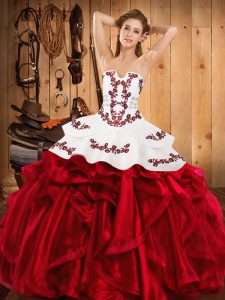 Best Wine Red Ball Gowns Strapless Sleeveless Satin and Organza Floor Length Lace Up Embroidery and Ruffles 15th Birthday Dress
