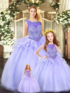 Lavender Ball Gowns Beading Quinceanera Dresses Lace Up Tulle Sleeveless Floor Length