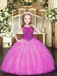 High Class Ball Gowns Pageant Dress for Girls Rose Pink Scoop Organza Sleeveless Floor Length Zipper