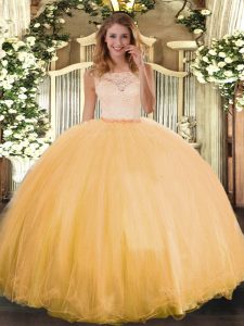 Low Price Sleeveless Tulle Floor Length Clasp Handle Quinceanera Gowns in Gold with Lace