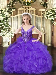 Affordable Lavender V-neck Neckline Beading and Ruffles Little Girls Pageant Dress Sleeveless Lace Up