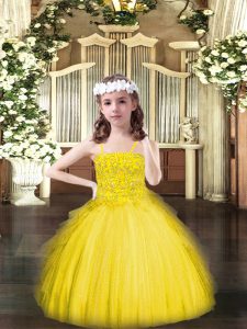Elegant Floor Length Ball Gowns Sleeveless Yellow Custom Made Pageant Dress Lace Up