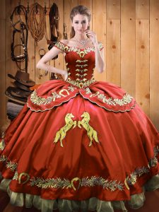 Dynamic Rust Red Ball Gowns Off The Shoulder Sleeveless Satin and Organza Floor Length Lace Up Beading and Embroidery Quinceanera Dresses