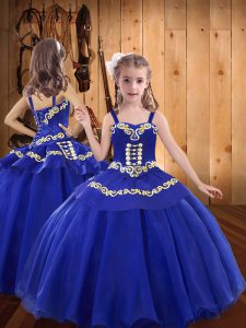 Ball Gowns Girls Pageant Dresses Royal Blue Straps Organza Sleeveless Floor Length Lace Up