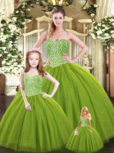 Olive Green Tulle Lace Up Sweetheart Sleeveless Floor Length Sweet 16 Quinceanera Dress Beading