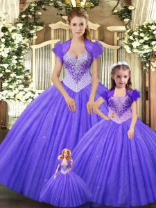Exquisite Purple Straps Neckline Beading Vestidos de Quinceanera Sleeveless Lace Up
