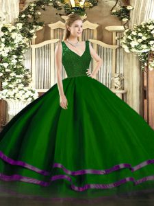 Lovely A-line 15th Birthday Dress Green V-neck Tulle Sleeveless Floor Length Zipper