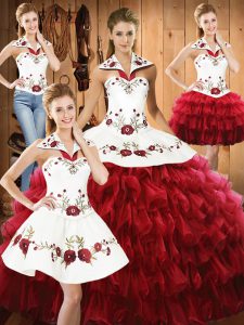 Wine Red Sleeveless Embroidery and Ruffled Layers Floor Length 15th Birthday Dress