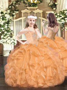 Inexpensive Sleeveless Organza Floor Length Lace Up Little Girls Pageant Dress Wholesale in Orange with Beading and Ruffles