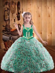 Sleeveless Floor Length Embroidery and Ruffles Lace Up Child Pageant Dress with Multi-color