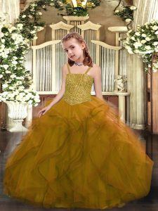 High Class Olive Green Straps Lace Up Beading and Ruffles Kids Pageant Dress Sleeveless