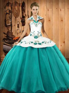 Turquoise Halter Top Lace Up Embroidery 15th Birthday Dress Sleeveless