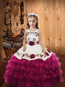 Sleeveless Lace Up Floor Length Embroidery and Ruffled Layers Pageant Gowns For Girls