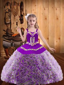 Multi-color Fabric With Rolling Flowers Lace Up Little Girl Pageant Gowns Sleeveless Floor Length Embroidery and Ruffles